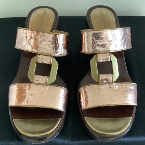 Marc By Marc Jacobs Sz 39(9) Princess Metallic Copper Leather Chunky Heal Slide - Picture 3 of 6